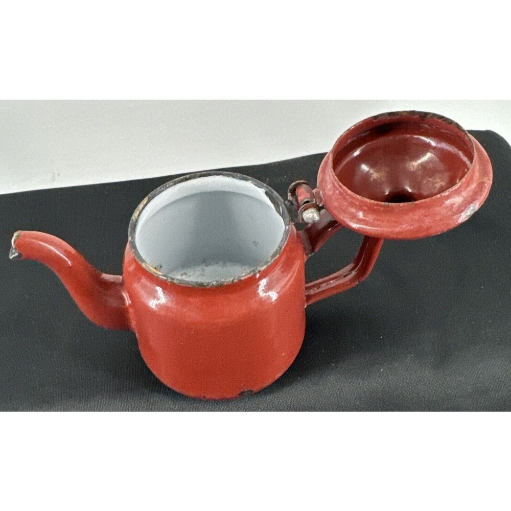 Teapot Burgundy Enamel Metal Farmhouse Decor 4.5" T Gooseneck Spout Distressed - Picture 10 of 11
